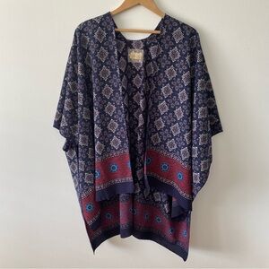 Blondie Apparel navy blue and burgundy red patterned kimono shawl one size women